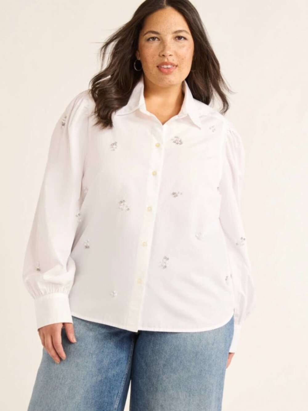 Free Assembly White Embellished with Rhinestones & Pearls Button-Up Shirt Size L